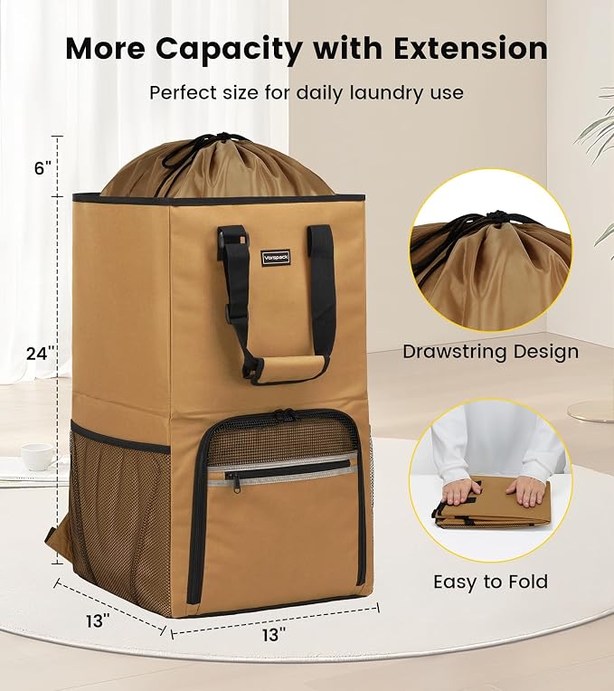 Vorspack Laundry Bag Backpack - Extra Large Laundry Bags with Shoulder Straps Heavy-duty 2 in 1 Laundry Hamper Basket for College Dorm Camp Laundromat Room Essentials - Khaki - Image 2