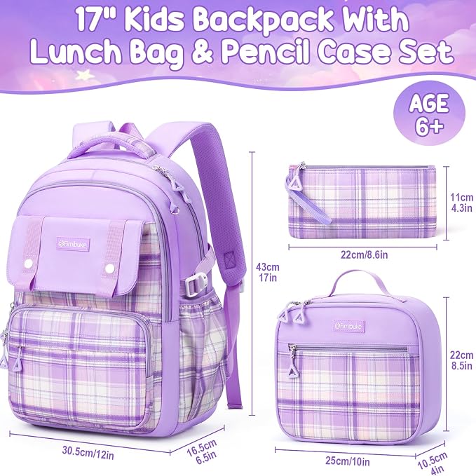 Fimibuke Kids Backpack for Girls, 3 PCS Waterproof Teens Girls School Backpack with Lunch Box, Pencil Pouch Set, Cute Bookbag Travel School Bag for Elementary Middle High School Student Age 6+(Purple) - Image 2