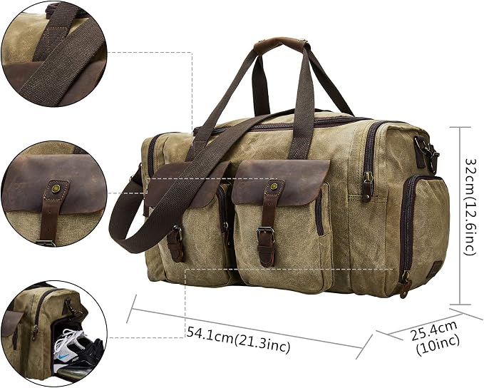 Waxed Canvas Duffel Bag with Shoe Compartment | Waxed Canvas Travel Bag for Men, Genuine Leather Trim, Shoe Compartment, Front Pockets, Weekend, Overnight and Carry-On Use - Image 3