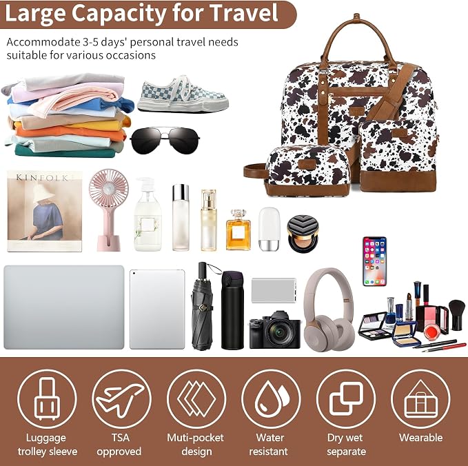 Wogarl 3PCS Weekender Bags for Women Large Overnight Bag Weekend Travel Duffel Bag Carry on Shoulder with Shoe Compartment Toiletry Bag Satchel Bag for Travel Business Gym,Brown Cow - Image 3