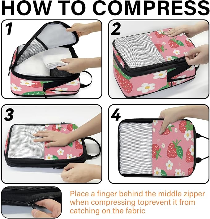 Strawberry Flower 6 Set Compression Packing Cubes for Travel Luggage Carry On Suitcase Compressible Expandable Packing Cubes Organizers Bag - Image 4
