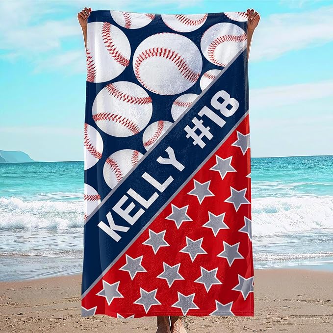 Personalized Beach Towel With Name, Custom Beach Towel with Text, Customized Microfiber Pool Towel, Quick Dry & Absorbent Swim Towel for Adult,Anniversary, Birthday, Summer Holiday,Vacation,Baseball by JML