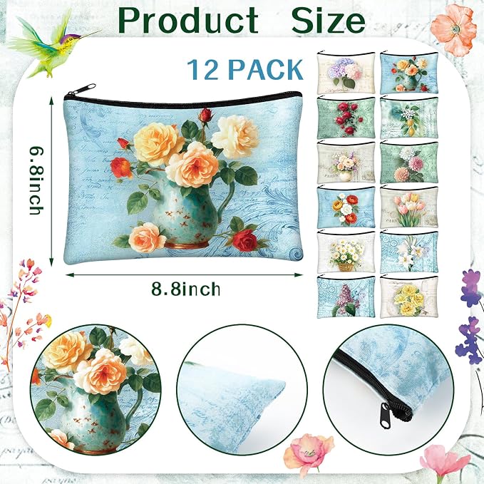 Sweetude 12 Pcs Flower Makeup Bag Bulk Portable Travel Cosmetic Bags with Zipper Rustic Colorful Floral Waterproof Roomy Travel Toiletry Organizer Storage Pouch for Women Tea Party Gifts - Image 3
