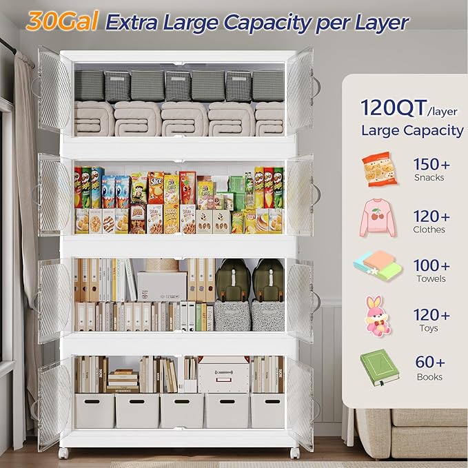 150Gal/600QT 5-Tiers Extra Large Stackable Storage Bins with Lid, Collapsible Cabinet Closet Organizer Plastic Container Box with Wheels Doors Drawers for Office Dorm Kitchen, White - Image 3
