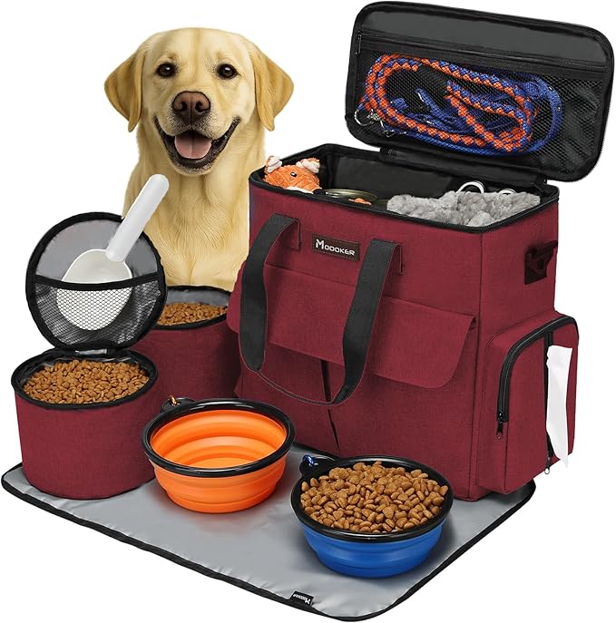 Modoker Dog Travel Bag with 2 Food Bags, 2 Bowls and 1 Mat(Rose Red) | Roomy Main Compartment | Multiple Functional Pockets | Water-Resistant Oxford Fabric | PVC Backing | Leak-Resistant Lining by Modoker