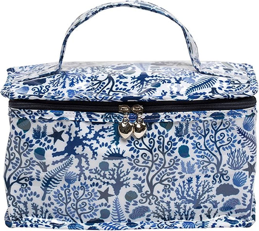 Jacaranda Living Vanity Cosmetic Bag – Train Case with Handle, Water-Resistant PVC Lined Cotton, Travel Organizer, Splash-Proof Summer Cosmetic Bag – Blue Seashells by JacarandaLiving