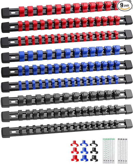ALOANES 9PC Socket Organizer, Socket Rails Fit 1/2", 1/4" and 3/8" Drive | Red&Black&Blue HeavyDuty ABS Socket Holders Hold up 129 Sockets for Toolbox Drawer Bags by Aloanes