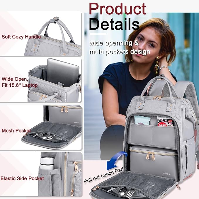 Weitars Lunch Backpack For Women,15.6 Inch Laptop Backpacks For Womens Back pack, Travel Backpacks,Work Backpack For Women (Gray) - Image 7
