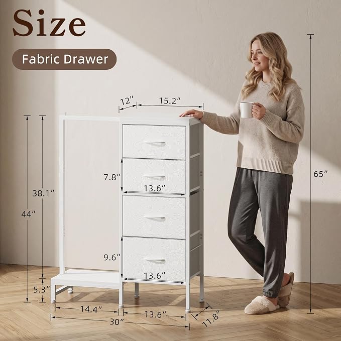 HIGDBFE Tall Dresser 44''H with Hanging Rack, 4 Drawers Small Closet Dresser for Bedroom, Reversible Fabric Chest of Drawers with Clothes Rack, Tall Storage Tower, Sturdy Frame, White - Image 2