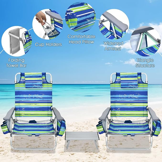 Giantex Folding Beach Chair, Patio Sling Chairs with 5 Adjustable Position, Head Pillow, Storage Bag, Towel Bar, Cup Holders, Backpack Chairs for Sunbathing, Camping Chair - Image 5