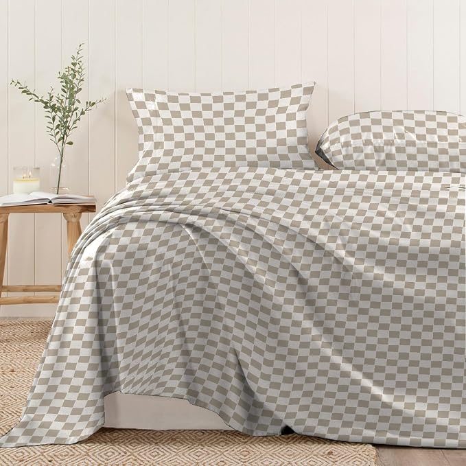 Pizuna Pure 100% Cotton Flat Sheets Only Queen Taupe Smart Plaid (1 PC), Luxurious 400 Thread Count Long Staple Cotton Sateen with 4" Hem (Combed Queen Flat Sheet Only Cotton) by Pizuna
