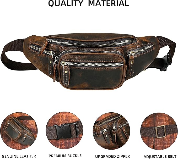 Water Resistant Canvas + Leather Hiking Riding Travel Fanny Waist Pack Small Phone Pouch For Men Women FB811-29 (Dark Brown-346) - Image 5