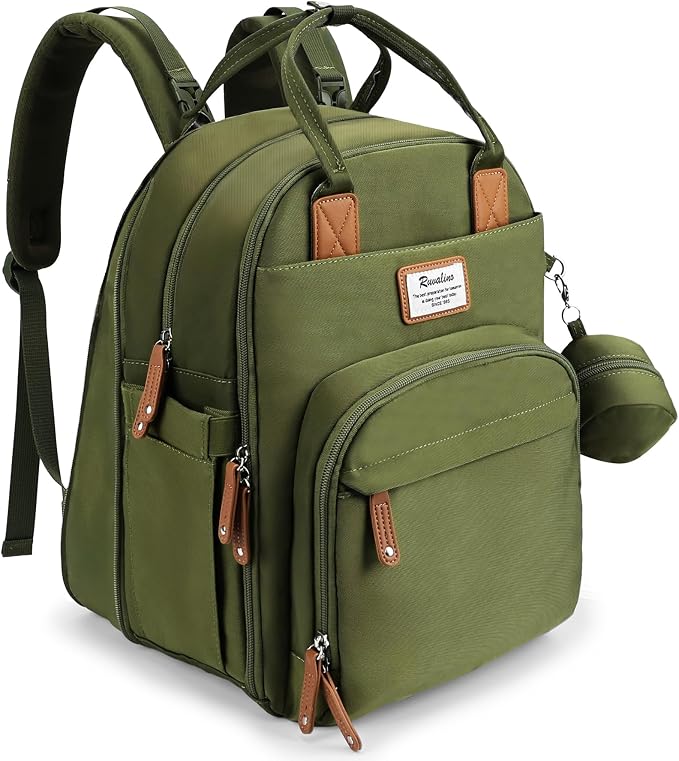 RUVALINO Diaper Bag Backpack-Expandable Baby Bag with up to 50% Capacity -Baby Essentials Bag with Changing Pad Insulated Bottle Holders & Pacifier Case, Waterproof, Army Green XL by RUVALINO