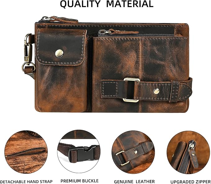Water Resistant Canvas + Leather Hiking Riding Travel Fanny Waist Pack Small Phone Pouch For Men Women FB811-29 (Z-8135-100% Leather) - Image 5