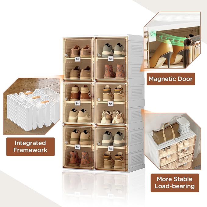 ANTBOX Shoe Organizer Storage Box, Portable Folding Shoe Rack For Closet With Magnetic Clear Door,Large Sneaker Cabinet Bins Sturdy Easy Assembly 6 Layers-12 Grids - Image 4