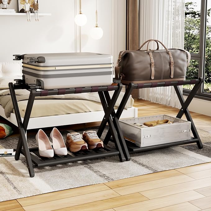 26.77" L Luggage Rack for Guest Room - Set of 2 Full Assembled Luggage Rack Stand for Suitcases, Foldable Luggage Holders with Shoe Shelf for Bedroom, Hotel (Black Bamboo Suitcase Stands) by OakvoraComfortableStyle