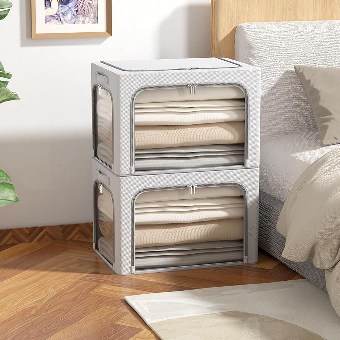 3Pack Clothes Storage Bins - Oxford Frame Storage Box Foldable Stackable Storage Organizer with 3 Openings Design, Metal Frame, Clear Window, Carry Handles (66L-19.7 * 15.7 * 13, Grey) - Image 6