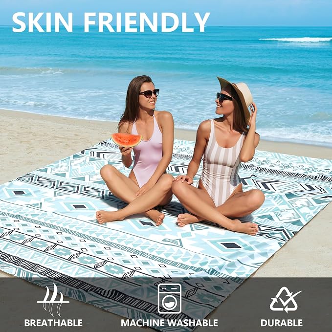 WIWIGO Beach Blanket Sandproof Extra Large Beach Mat Adults Waterproof Quick Drying Sand Free Mat Made by Premium Polyester with 4 Stakes & 4 Corner Pockets for Outdoor Travel Camping Hiking - Image 2
