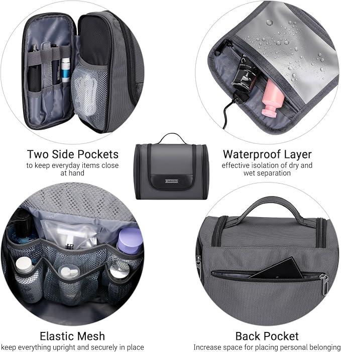 WITZMAN Toiletry Bag for Men Nylon Hanging Water-resistant Shaving Dopp Kit | With Dry-wet Separation Pocket, Multi-pockets for Organized Storage, Lightweight, For Travel, Bathroom, B690 Silvery Grey - Image 5