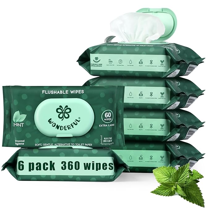 WONDERFUL Flushable Wipes, Mint 100% Plant-Based Wet Butt Wipe for Adults & Kids, Sewer Septic Safe, Gentle for Sensitive Skin, Wipes Flushable Pack for Bathroom & Travel, 6-Pack (360 Counts)