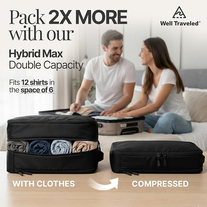 Well Traveled 4 pcs Compression Packing Bags Cubes Set with HybridMax Double-Capacity Design - Packing Cubes for Travel Compression to Maximize Limited Luggage Space, Black - Image 2