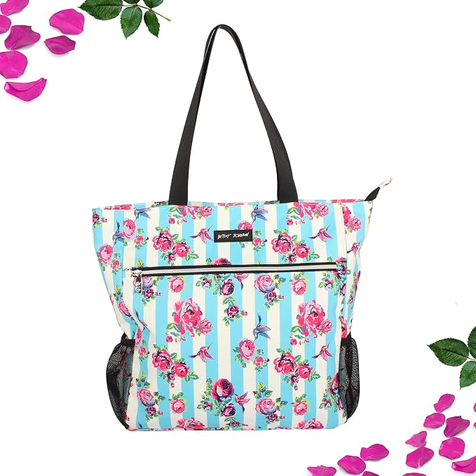 Betsey Johnson 15.6 Inch Zipper Beach Tote Bag Lightweight Large Durable Polyester with Mesh Side Pockets for Gym Work | 15.6 Inch - Image 4