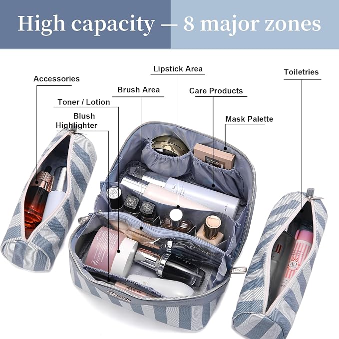 BOYATU Travel Makeup Bag Cosmetic Bag for Women: 3 Pcs Set Striped Make up Bag with Compartments - Waterproof Vegan Leather Toiletry Bags with Handle - Makeup Organizer for Travel Essentials(A-1-Blue) - Image 5