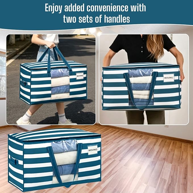 VENO 8 Pack Heavy Duty Moving Bags, Clothes and Comforter Storage Bags with Clear Window, College Dorm Essentials Packing Supplies, Foldable Boxes Alternative (Classic Navy Stripe, 8 Pack) - Image 5
