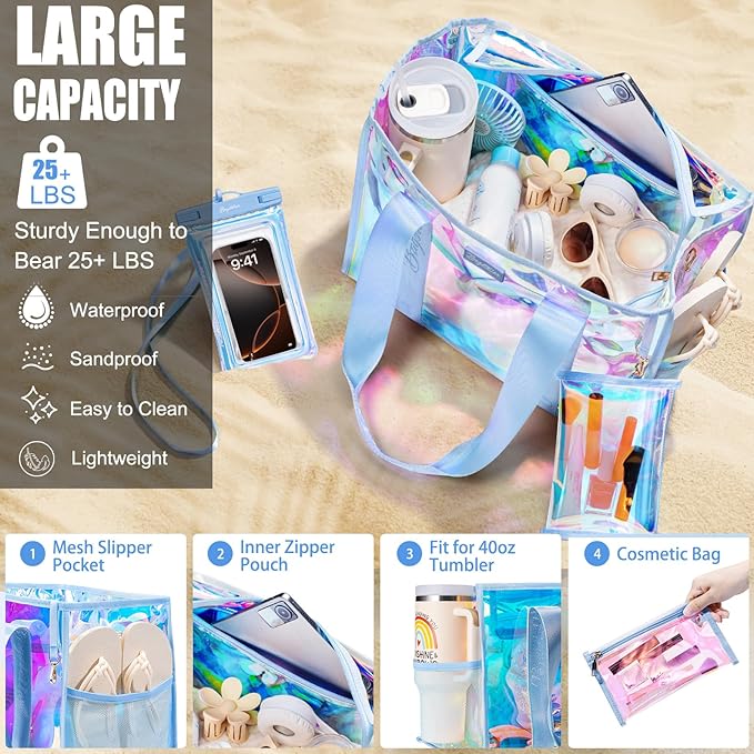 Bagstellar Iridescent Beach Bag, Jelly Tote Bag with Phone Pouch Makeup Bag | Large Beach Bags Waterproof Sandproof, Zipper Beach Tote Clear Pool Swim Boat Bag for Women Summer Travel Cruise Essentials - Image 6