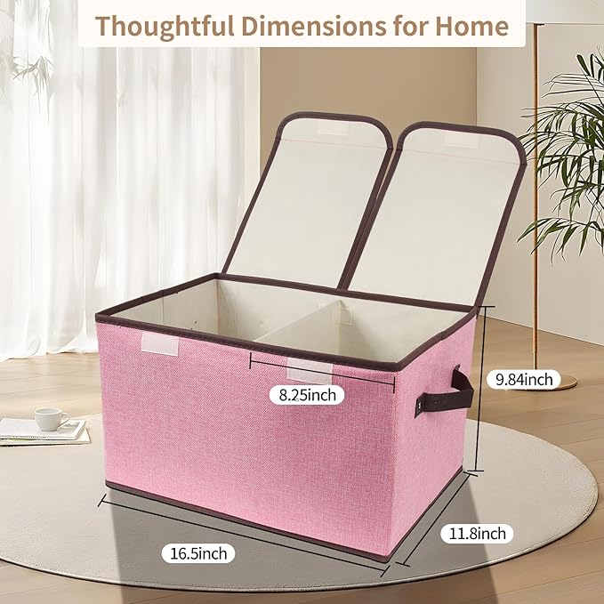Foldable Fabric Storage Box, 16.5 x 11.8 x 9.8 inches (L x W x H), with Double-Lid & Dividers, Large Organizer for Home, Closet, Office(Pink, 3 Packs) - Image 2
