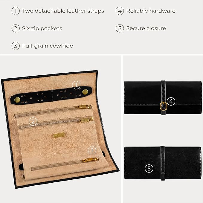 Time Resistance Leather Jewelry Roll - Full Grain Leather Travel Jewelry Case - Jewellery Organizer Made in Italy (Black) - Image 6