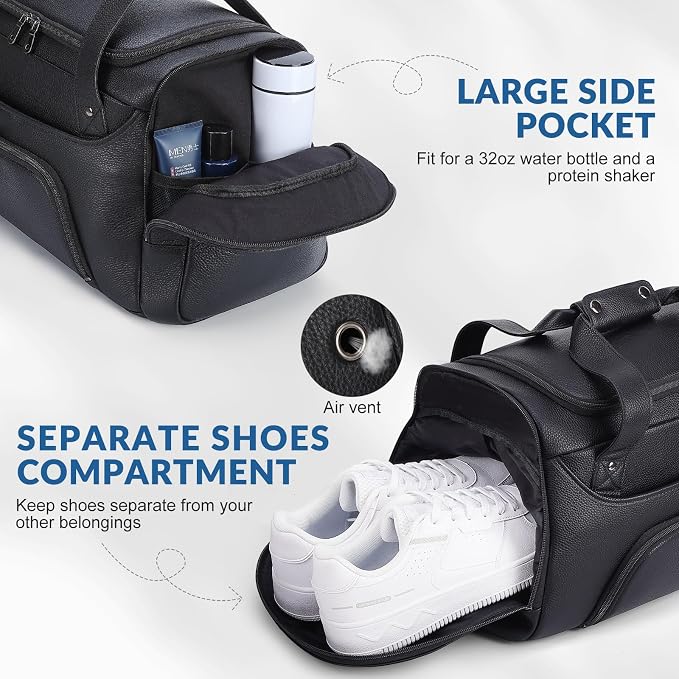 TIDING 21" Leather Travel Duffle Bag for Men Women, 40L Gym Sports Duffel Bag Waterproof Weekender Overnight Luggage Bag with Shoe Compartment - Image 3