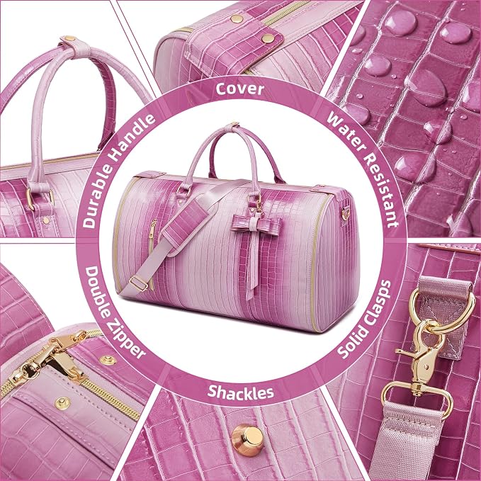 Convertible Garment Duffle Bag for Women, Foldable 2-in-1 Carry On Travel Bag with Shoe Compartment & Toiletry Pocket, PU Leather Stylish Garment Bags for Business Trip, Vacation, Pink-White - Image 5