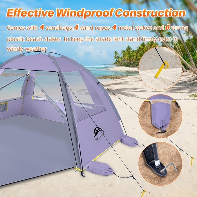 Happy Travel Beach Tent, UPF 50+ UV Protection Sun Shade Shelter for 3/4/5/6/7/8 Person, Portable Beach Canopy for Family & Baby, Lightweight & Easy Setup Beach Cabana with 3 Ventilation Mesh Windows - Image 6
