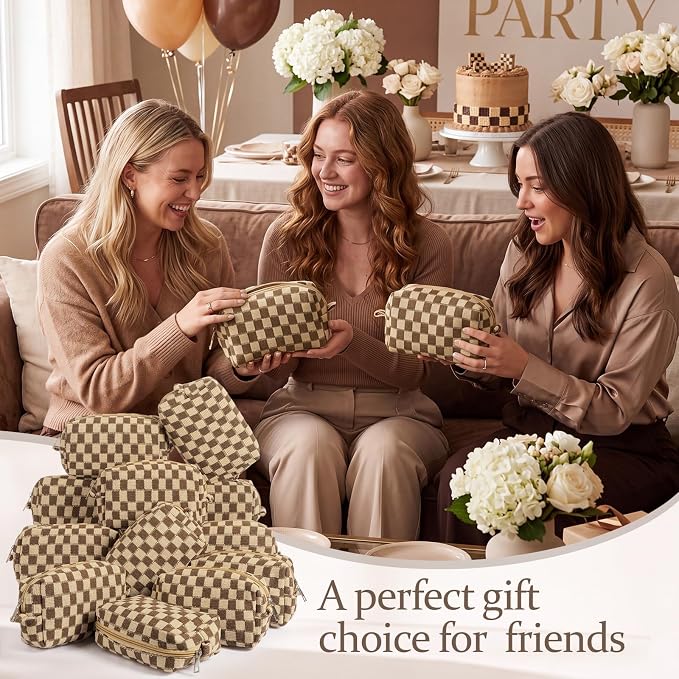 Gilprop 12 Pcs Checkered Makeup Bag for Purse Small Cosmetic Pouch Bulk Portable Zipper Makeup Pouch Travel Toiletry Organizer Gifts for Women Bridesmaid Wedding Party Favors (Brown) - Image 7