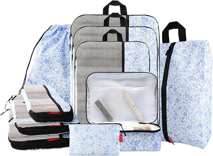 U+U 10 Set Compression Packing Cubes - Ultralight Travel Organizers with Laundry Bag and Cosmetic Bag, Space-Saving Suitcase Organizer for Travel, Business Trip and Family Vacation (Blue Flower) by UU