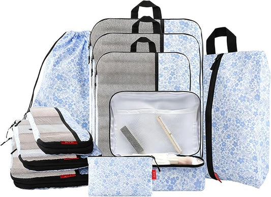 U+U 10 Set Compression Packing Cubes - Ultralight Travel Organizers with Laundry Bag and Cosmetic Bag, Space-Saving Suitcase Organizer for Travel, Business Trip and Family Vacation (Blue Flower) by UU
