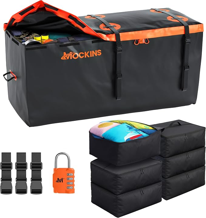 Mockins 30 CuFt Trailer Hitch Cargo Carrier Bag & Packing Cubes 29"x23"x12" | 60"x24"x36" Waterproof Cargo Bag for Hitch Carrier | Set of Vehicle Soft-Shell Carriers with 6 Cubes, 3 Buckle Straps & Lock by Mockins