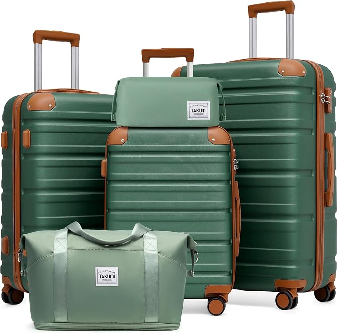 TAKUMI Luggage Sets 5 Piece Lightweight Carry On luggage with Duffel Bag ABS+PC Hardshell Suitcases with YKK zippers Double Spinner Wheels Travel Luggage with TSA Lock(GREEN BROWN, 5 PIECE SET) by TAKUMI