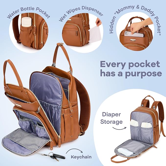 RUVALINO Diaper Bag Backpack, Multifunction Travel Pack Maternity Baby Changing Bags, Large Capacity, Waterproof, Brown - Image 3