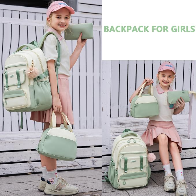 School Backpack for Girls, 3PCS Laptop Backpack 15.6 Inch with Lunch Box Pencil Pouch Set for Kids Teens Elementary Middle High School College Bookbag Student Casual Travel Daypack,Green Beige - Image 2