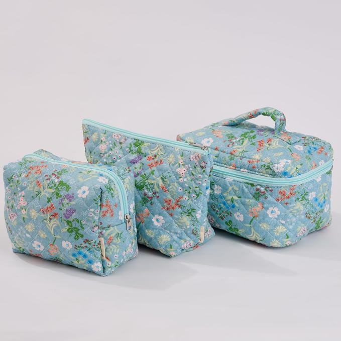 Wildflower Floral Quilted Cotton Cosmetic Zipper Pouch, Large Capacity Makeup Accessories Storage Bag for Women Girls, Aesthetic Coquette Travel Toiletry Organizer (Set of 3) - Image 7