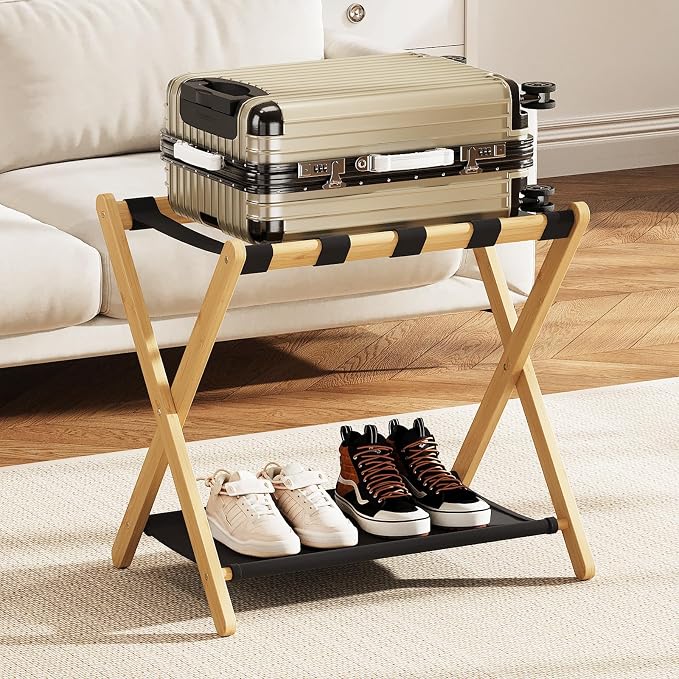 oakvivo Fully Assembled Luggage Rack, 26.77" Natural Luggage Rack for Guest Room, Bamboo Folding Suitcase Stand with Fabric Storage Shelf, Heavy Duty 5 Nylon Straps Luggage Holder for Hotel, 1 Pack by OAKVIVOElegantLifestyle