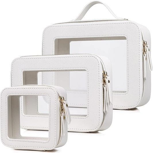 Pinkmik Clear Makeup Bag Waterproof Travel Case for Cosmetics and Toiletries Women's Purse Organizer and Clear Car Bag with Zipper (White, L+M+MINI) by Pinkmik