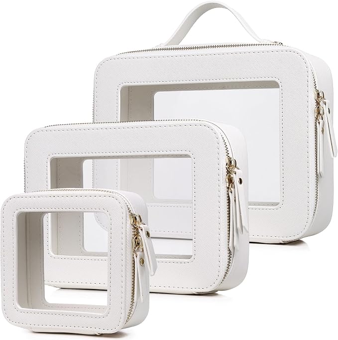 Clear Makeup Bag Set 3 Piece Travel Case for Cosmetics and Toiletries Women's Makeup Organizer and Car Essential with Zipper (White, L+M+MINI) by LOFOWN