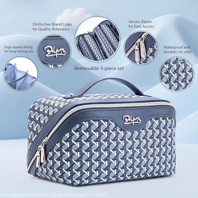 BOYATU Travel Makeup Bag Cosmetic Bags for Women: Large Capacity 3 Pcs Set Make up Bag with Compartments - Waterproof Vegan Leather Toiletry Organizer Bags with Handle (M-77Blue) - Image 3