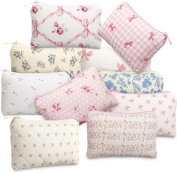 Paterr 10 Pcs Quilted Makeup Bag Bulk Cotton Floral Cosmetic Bag Women Girls Bridesmaid Gifts Cute Makeup Pouch Coquette Aesthetic Travel Toiletry Organizer(Bow Floral,6.30 x 3.94 Inches) by Paterr