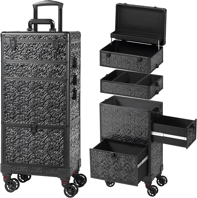 Rolling Makeup Case with Large Drawer, Makeup Train Case with Tray, Cosmetology Case on Wheels, Travel Makeup Case Organizers, Professional for Salon Barber, Nail, Tattoo, Black by Unknown