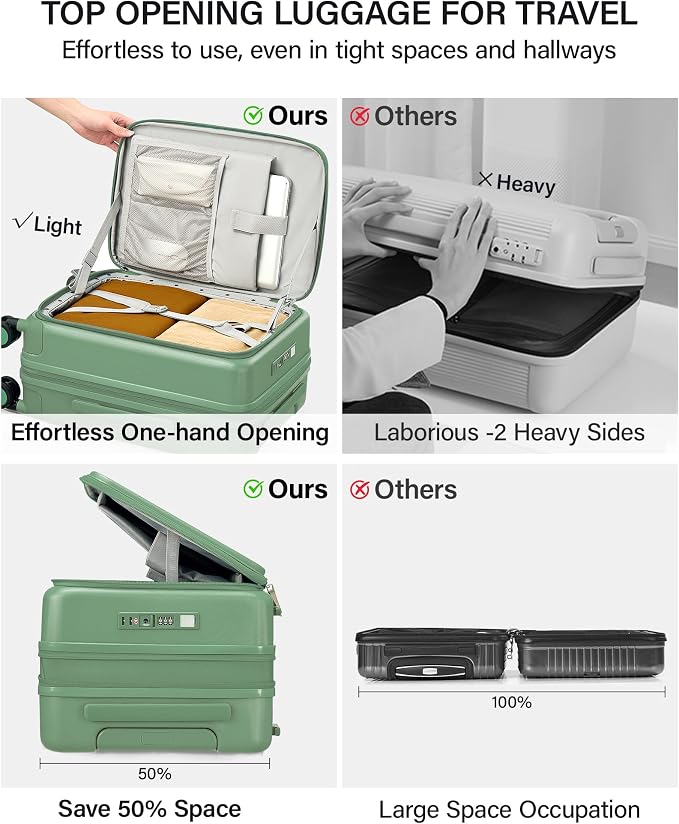 Hanke 20 Inch Expandable Carry On Luggage with Cup Holder 22x14x9 Airline Approved, Top Opening Hard Shell Suitcases with Wheels, Carry-On Travel Suitcase Trunk Luggage with Lock, Forest Green - Image 3