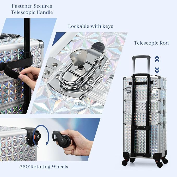 Stagiant Rolling Makeup Case Cosmetology Case on Wheels 4 in 1 Large Cosmetic Organizer Train Case Makeup Travel Case with Key Nail Artist Salon Storage Traveling Cart Big Trunk Shiny Silver - Image 6